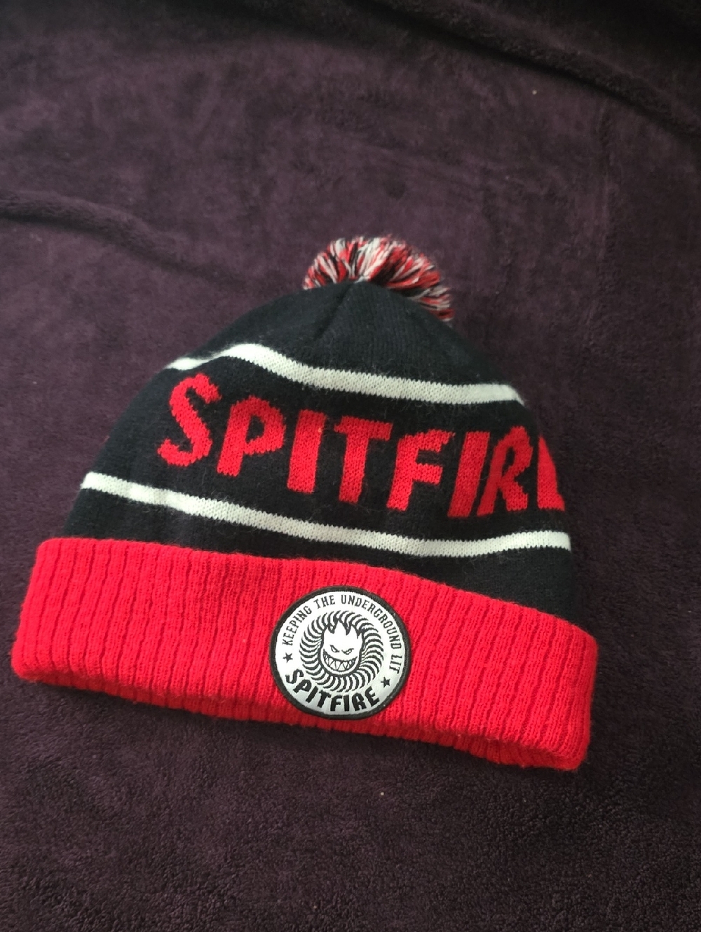 Spitfire Black & Red Pom Beanie with Logo Patch